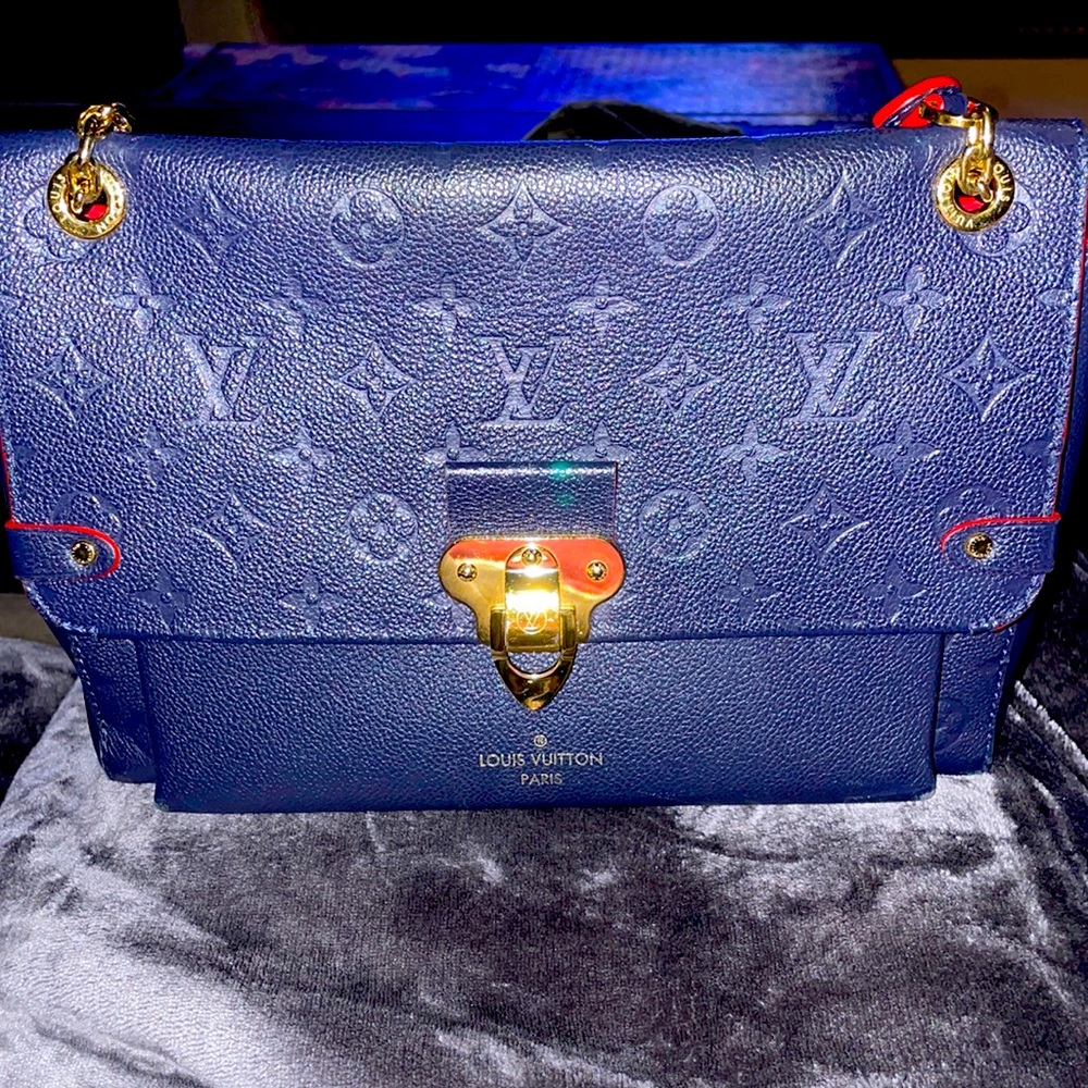 Navy blue with Red piping Louis Vuitton cross body with long gold chain